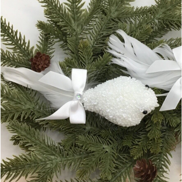 2 Songbirds White Glass Beaded Clip On Christmas Tree Ornaments Bright - Picture 5 of 8